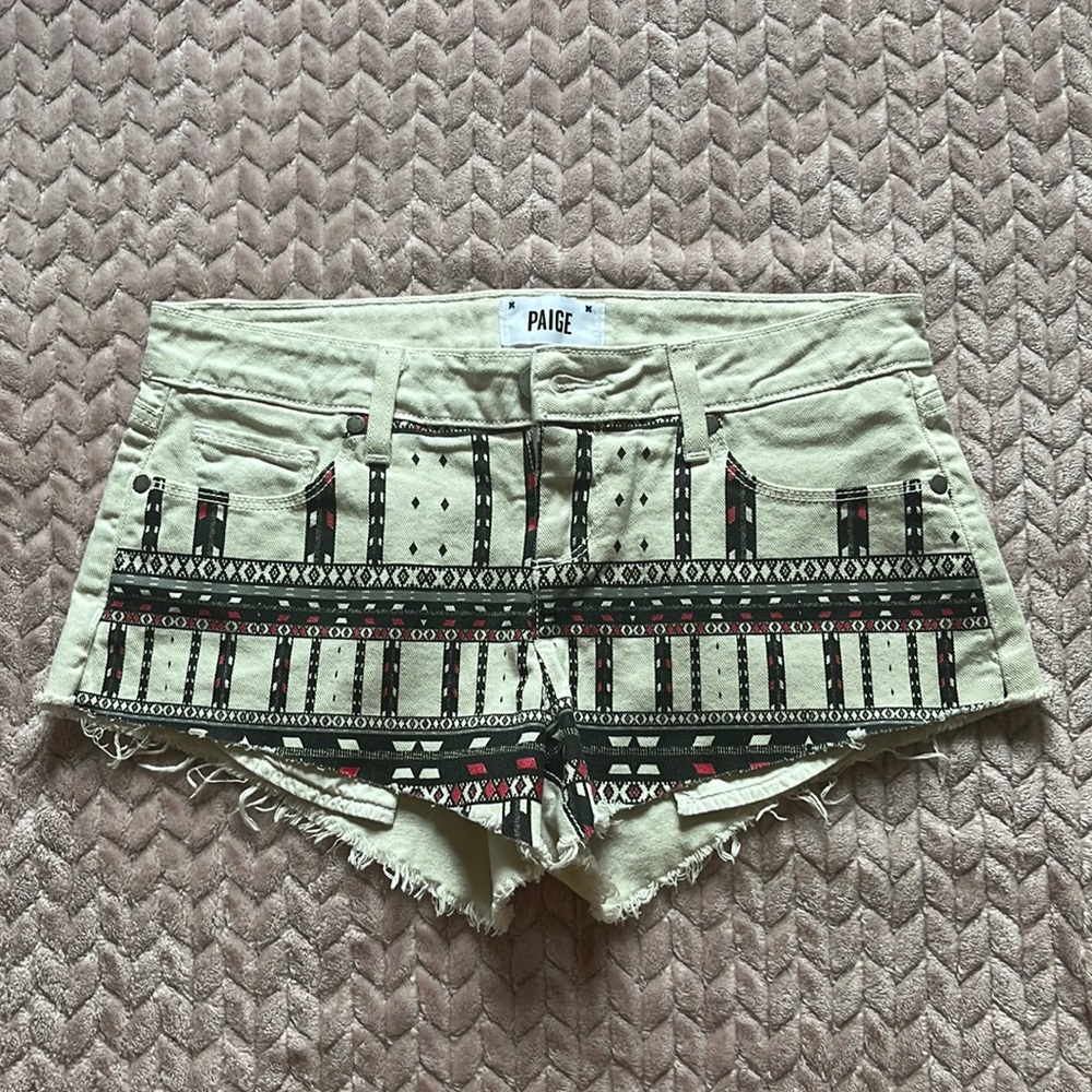 PAIGE cream denim short short cutoffs with black/red Aztec print
